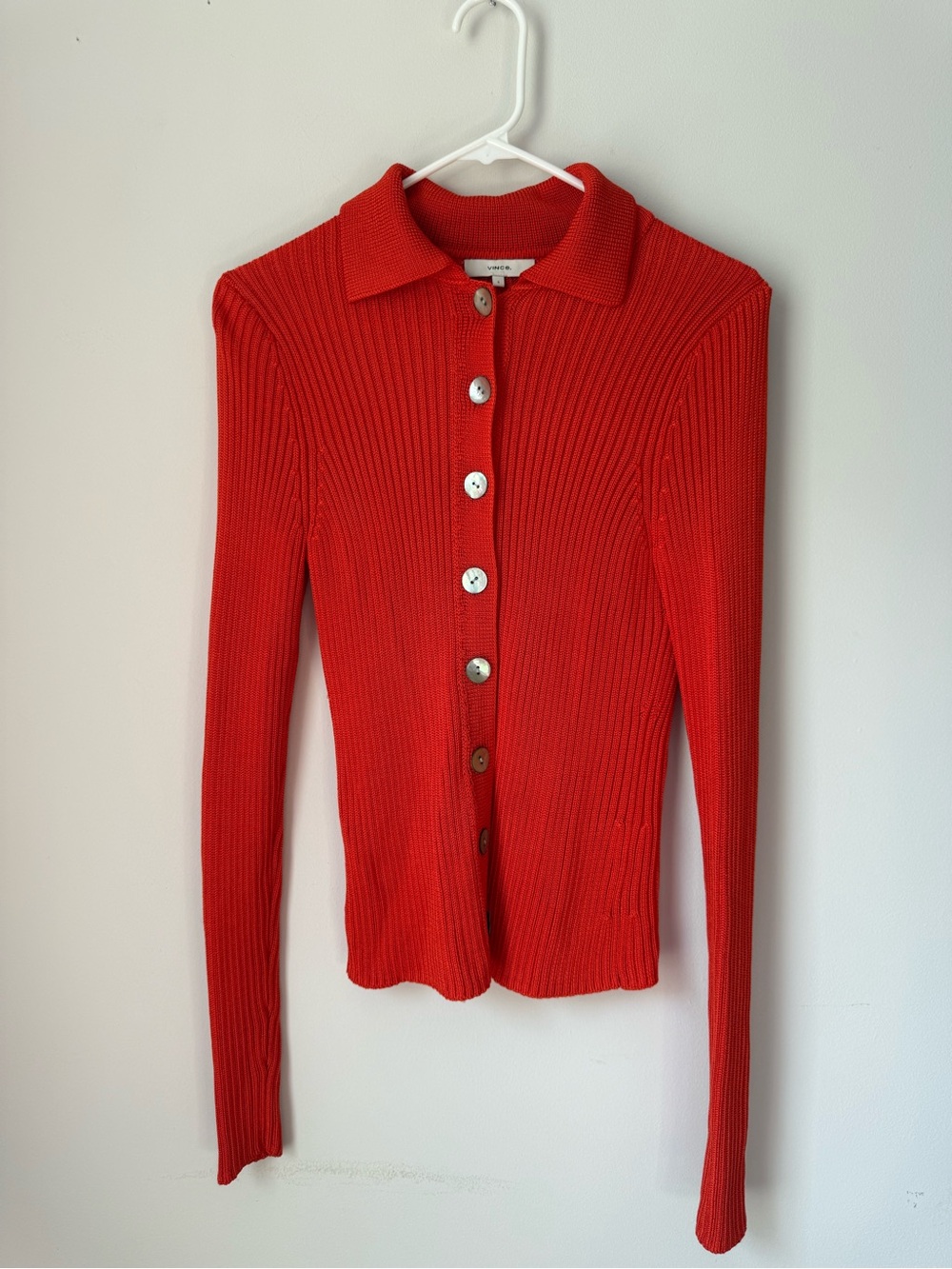 Vince Red Ribbed Button-Down Sweater